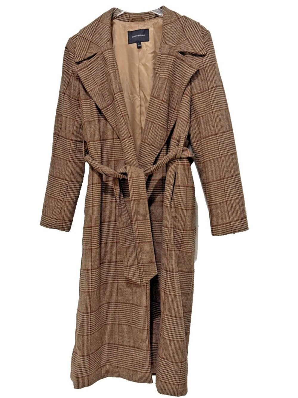 Banana Republic Tan Tie Waist Plaid Wool Blend Long Trench Coat Womens Size S